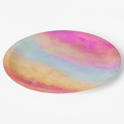 Roze blauwe gele regenboog Abstracte strepen Papieren Bordje (Gekanteld)