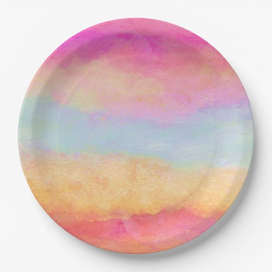 Roze blauwe gele regenboog Abstracte strepen Papieren Bordje (Voorkant)