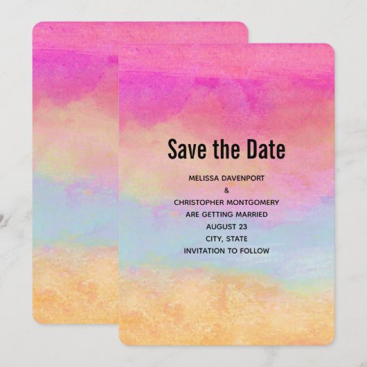Roze blauwe gele regenboog Abstracte strepen Save The Date (Voorkant / Achterkant)