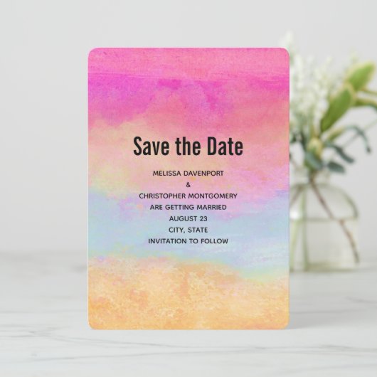 Roze blauwe gele regenboog Abstracte strepen Save The Date (Staand voorkant)