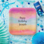 Roze blauwe gele regenboog Abstracte stripes Birth Papieren Bordje (Feest)