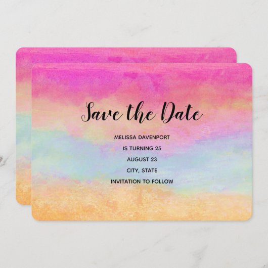 Roze blauwe gele regenboog Abstracte stripes Birth Save The Date (Voorkant / Achterkant)