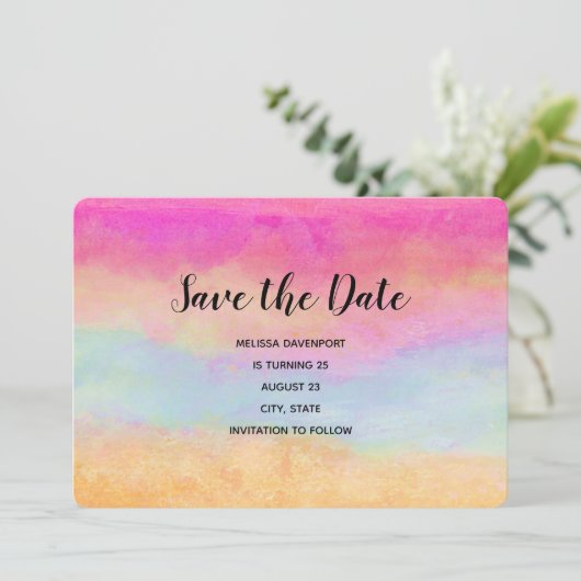 Roze blauwe gele regenboog Abstracte stripes Birth Save The Date (Staand voorkant)