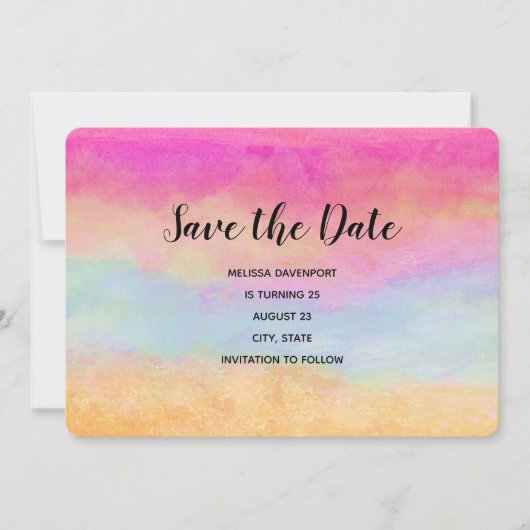 Roze blauwe gele regenboog Abstracte stripes Birth Save The Date (Voorkant)