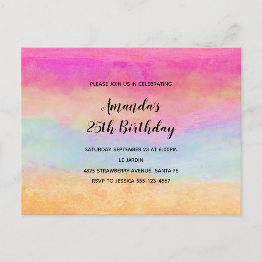 Roze blauwe gele regenboog Abstracte stripes Birth Uitnodiging Briefkaart (Voorkant)