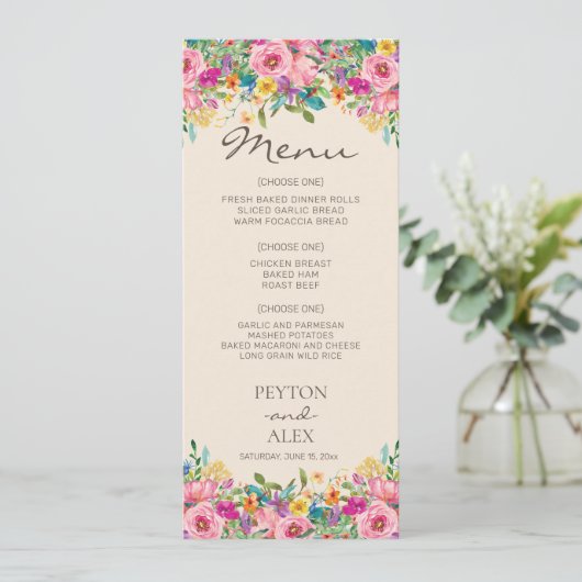 Roze blauwe gele Waterverf Boho Wildbloemen Menu (Staand voorkant)