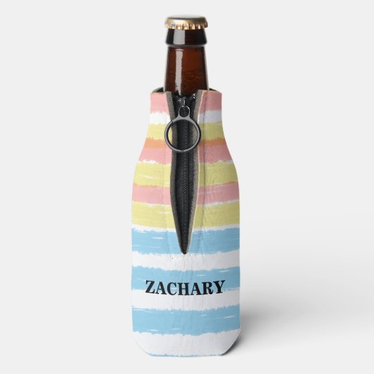Roze blauwe gele Waterverf Stripes Partij Naam Flesjeskoeler (Fles Achterkant)