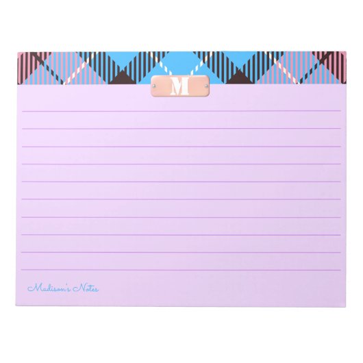Roze Blauwe Geruite Aangepaste Monogram Bright Lil Notitieblok (Voorkant)