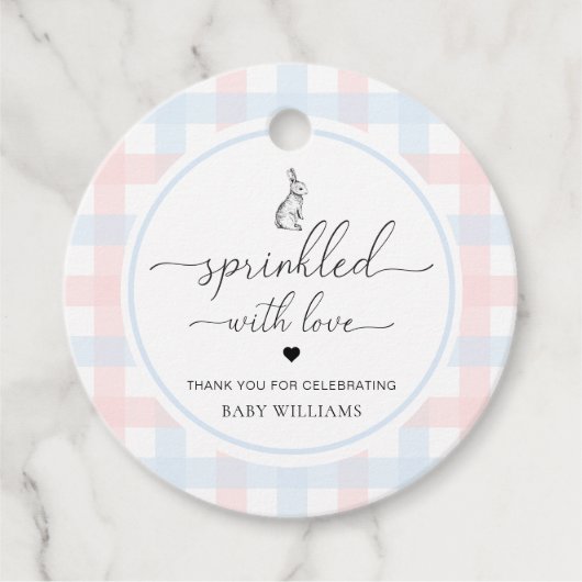 Roze blauwe gingham Bunny Rabbit geprinkeerd met l Bedankjes Labels (Voorkant)