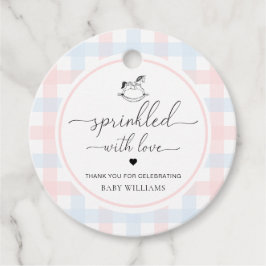 Roze blauwe gingham-paard, geprint met liefde bedankjes labels