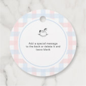 Roze blauwe gingham-paard, geprint met liefde bedankjes labels (Achterkant)