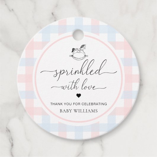 Roze blauwe gingham-paard, geprint met liefde bedankjes labels (Voorkant)