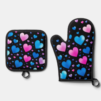 Roze & Blauwe Gloeiende Harten Ovenwant & Pannenlap Set
