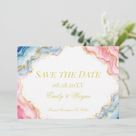 Roze Blauwe Goud Agaat Huwelijk Save The Date (Staand voorkant)