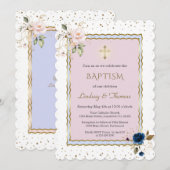 Roze blauwe goudbloemen Cross Twins Baptisme Kaart (Voorkant / Achterkant)
