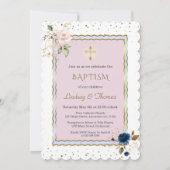 Roze blauwe goudbloemen Cross Twins Baptisme Kaart (Voorkant)