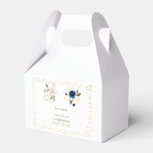 Roze blauwe goudbloemen Twins 1st Birthday Baptism Bedankdoosjes (Achterkant)
