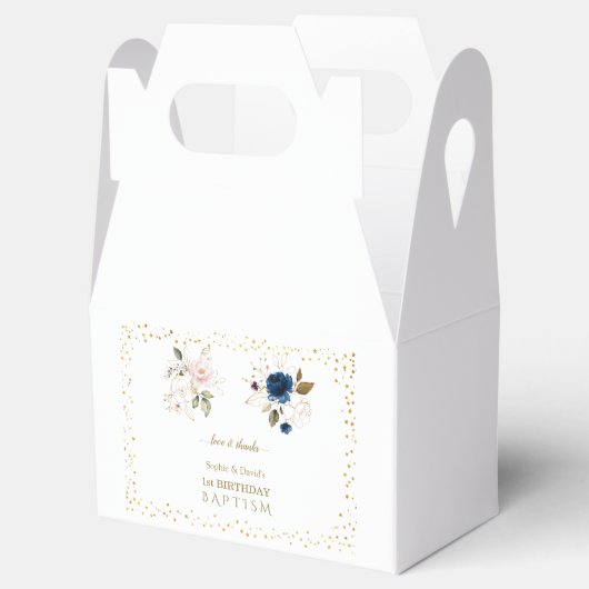Roze blauwe goudbloemen Twins 1st Birthday Baptism Bedankdoosjes (Geopend)