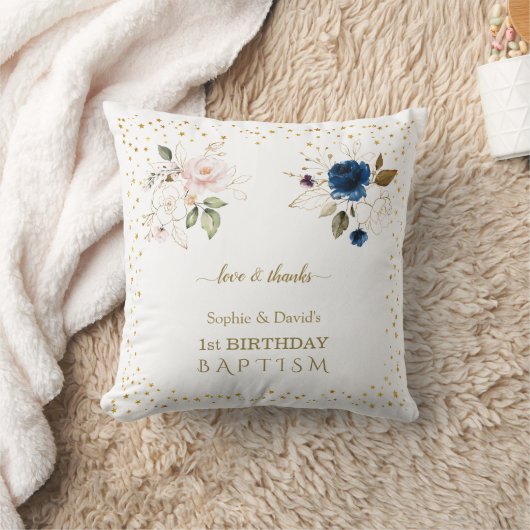 Roze blauwe goudbloemen Twins 1st Birthday Baptism Kussen (Deken)