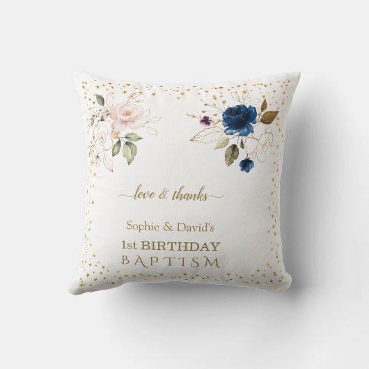 Roze blauwe goudbloemen Twins 1st Birthday Baptism Kussen (Achterkant)