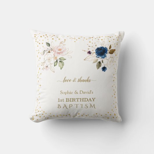 Roze blauwe goudbloemen Twins 1st Birthday Baptism Kussen (Voorkant)