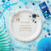 Roze blauwe goudbloemen Twins 1st Birthday Baptism Papieren Bordje (Feest)