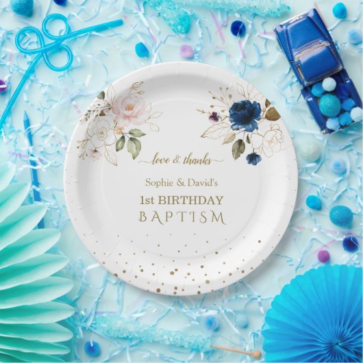 Roze blauwe goudbloemen Twins 1st Birthday Baptism Papieren Bordje (Feest)