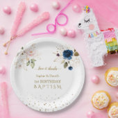 Roze blauwe goudbloemen Twins 1st Birthday Baptism Papieren Bordje (Feest)