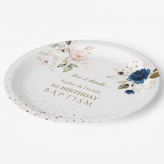 Roze blauwe goudbloemen Twins 1st Birthday Baptism Papieren Bordje (Gekanteld)