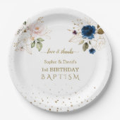 Roze blauwe goudbloemen Twins 1st Birthday Baptism Papieren Bordje (Voorkant)