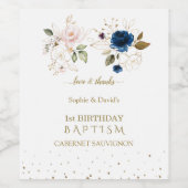 Roze blauwe goudbloemen Twins 1st Birthday Baptism Wijn Etiket (Enkel label)