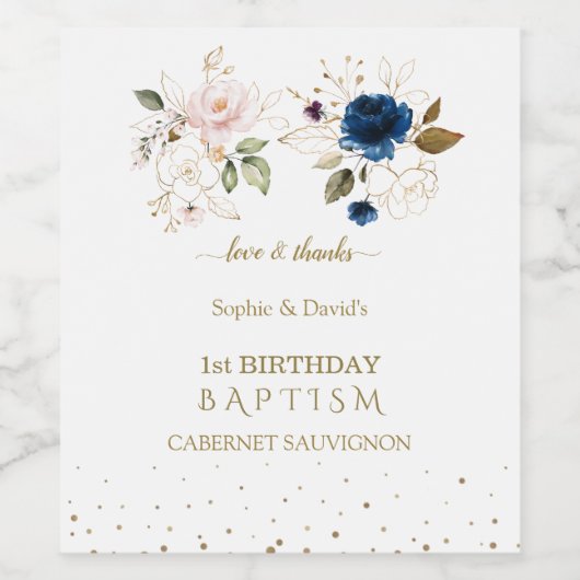 Roze blauwe goudbloemen Twins 1st Birthday Baptism Wijn Etiket (Enkel label)