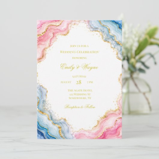 Roze Blauwe Gouden Agate Trouwviering Kaart (Staand voorkant)