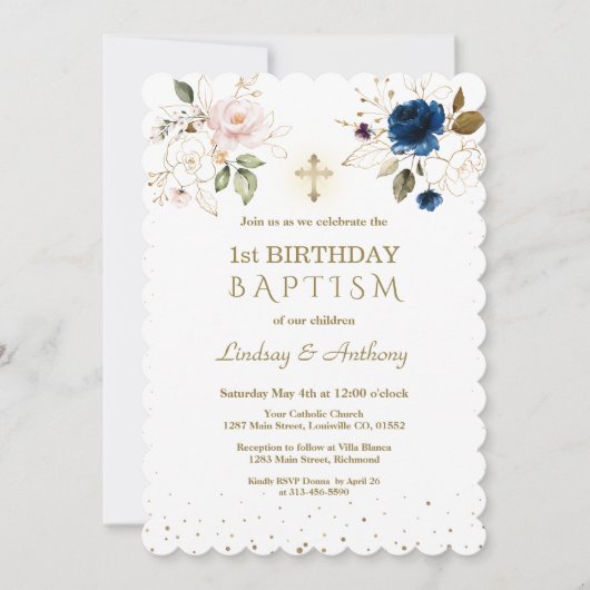 Roze Blauwe Gouden Bloemen Tweeling 1e Verjaardag  Kaart (Voorkant)