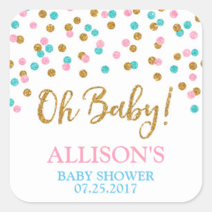 Roze blauwe gouden Stippen Baby shower Favor Tags Vierkante Sticker