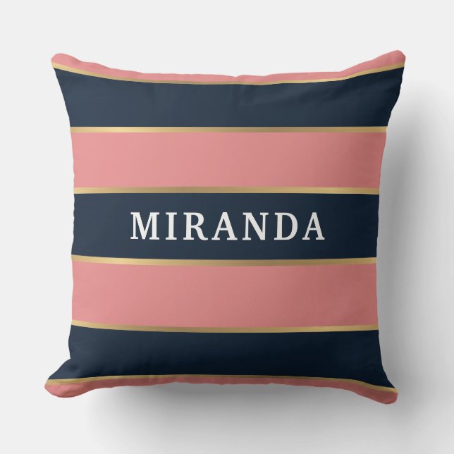 Roze blauwe gouden streep patroon kussen (Voorkant)