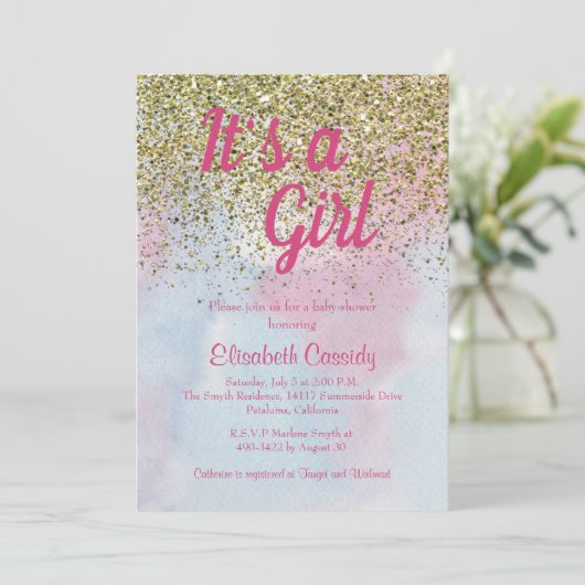 Roze blauwe goudglitter Sprinkle Baby shower Invit Kaart (Staand voorkant)