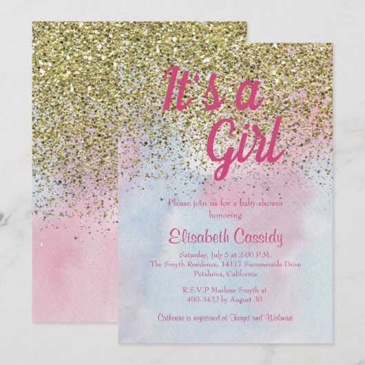 Roze blauwe goudglitter Sprinkle Baby shower Invit Kaart (Voorkant / Achterkant)