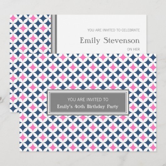 Roze blauwe grijs 40e verjaardag uitnodiging (Voorkant / Achterkant)