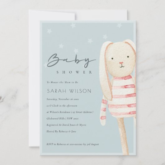 Roze blauwe grijze bunny Baby shower nodigt uit Bedankkaart (Voorkant)