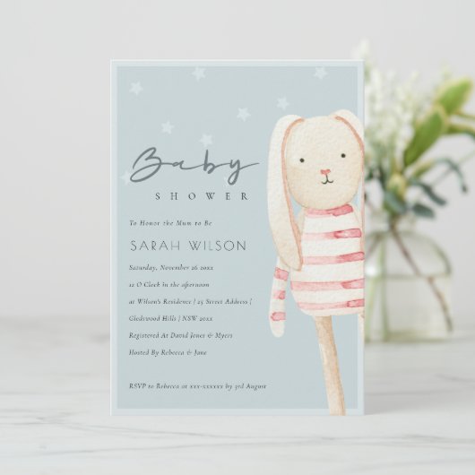 Roze blauwe grijze bunny Baby shower nodigt uit Bedankkaart (Staand voorkant)