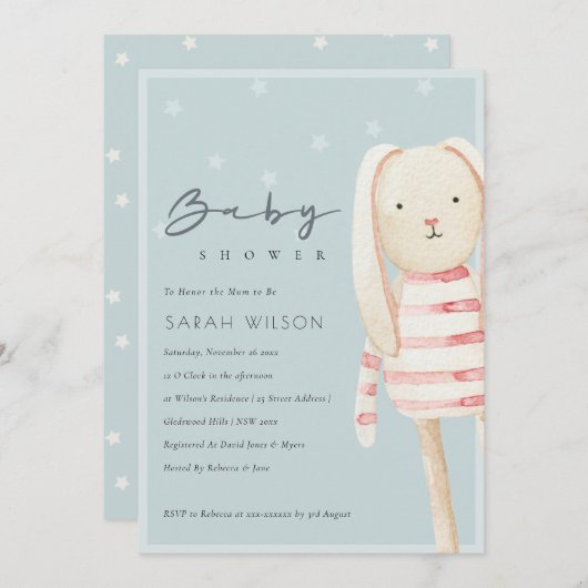 Roze blauwe grijze bunny Baby shower nodigt uit Bedankkaart (Voorkant / Achterkant)