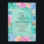 Roze Blauwe Groene Floral Succulents 60th Birthday Kaart<br><div class="desc">Eenvoudig aan te passen, dun roze, blauwe en groene bloemige succulenten / cactus 60ste verjaardagsfeest uitnodiging voor vrouwen. De tekst is een mooi script, dat volledig aanpasbaar is met de ontwerpgereedschappen van Zazzle. De achterkant van deze kaart is een coördinerende groene waterverf. Neem contact met ons op voor hulp bij...</div>
