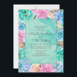 Roze blauwe groene Floral Succulents 70th Birthday Kaart<br><div class="desc">Eenvoudig aan te passen,  lichtroze,  blauwe en groene bloemige succulenten / cactus 70e verjaardagsfeestuitnodiging met groene waterverf terug. Neem contact met ons op voor hulp bij aanpassingen.</div>