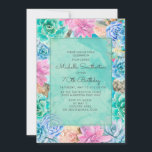 Roze blauwe groene Floral Succulents 70th Birthday Kaart<br><div class="desc">Eenvoudig aan te passen,  lichtroze,  blauwe en groene bloemige succulenten / cactus 70e verjaardagsfeestuitnodiging met groene waterverf terug. Neem contact met ons op voor hulp bij aanpassingen.</div>
