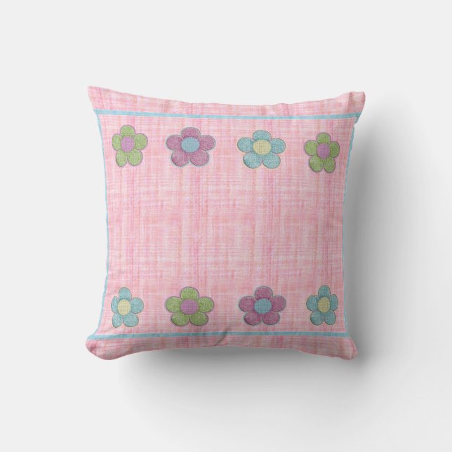 Roze blauwe groene getextureerde bloemen kussen (Voorkant)