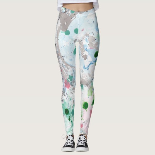 Roze blauwe groene witte moderne Abstracte kunst Leggings (Voorkant)