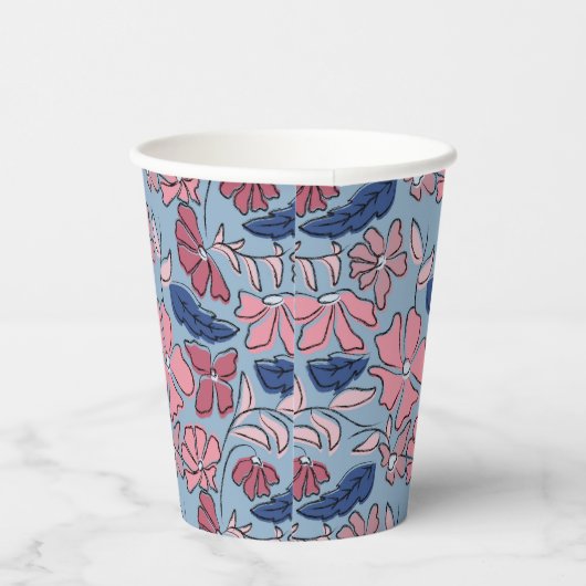 Roze Blauwe Hand Getrokken Bloemblok Print Papieren Bekers (Rechts)