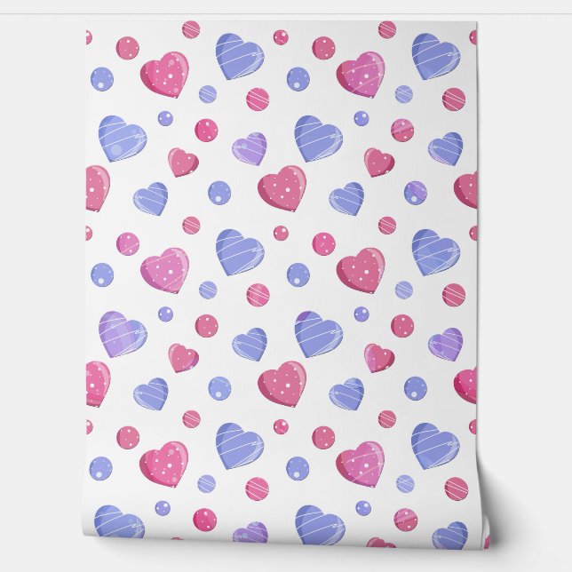 Roze, blauwe harten op een witte achtergrond. behang (Afrollen)