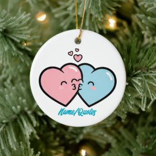 Roze & Blauwe Hartjes Kus Keramisch Ornament